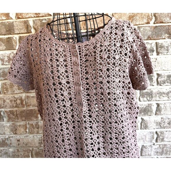 Vintage Newport News Crochet Dress Girls Large Tunic Taupe Short Sleeves… - Picture 2 of 12